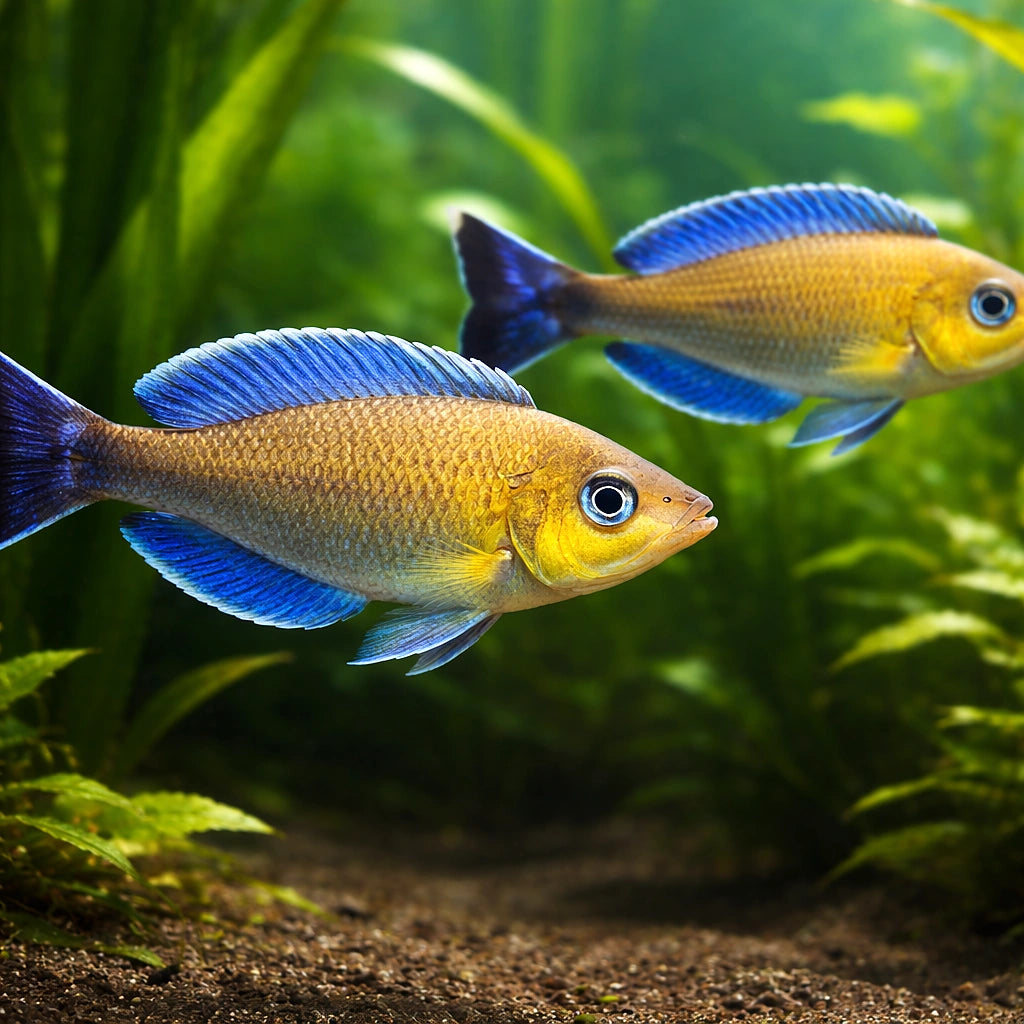 Cyprichromis lept. jumbo turquise flame 3 - — tropical fish for sale UK — AI pair planted view
