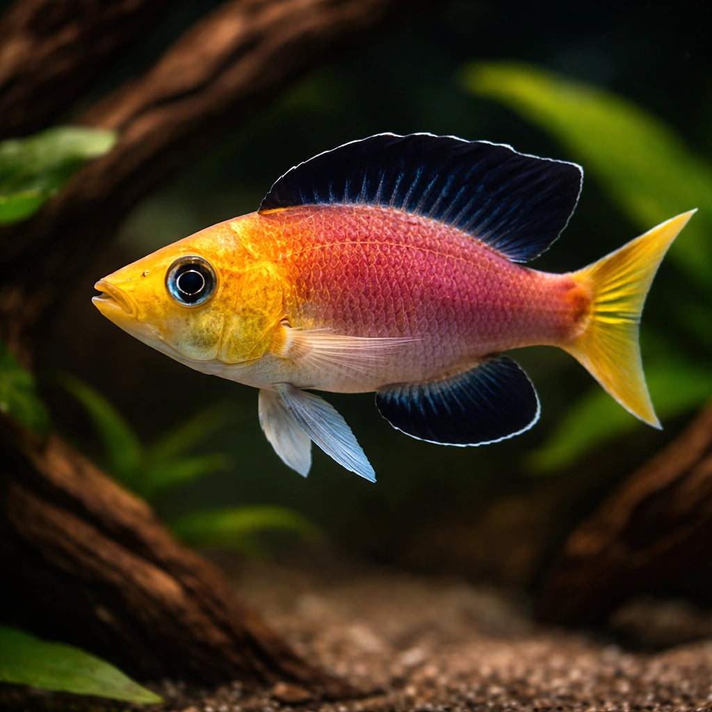 Cyprichromis lept. jumbo yellow 4 - — tropical fish for sale UK — AI hero driftwood view