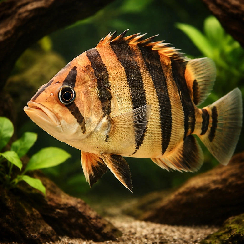 Datnioides qadrifasciatus 4 - — tropical fish for sale UK — AI hero driftwood view