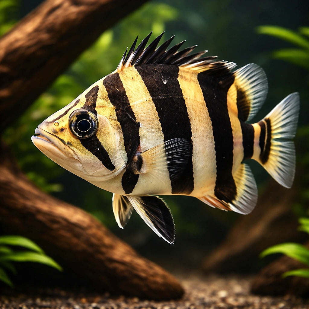 datnoid gold tiger — tropical fish for sale UK — AI hero driftwood view
