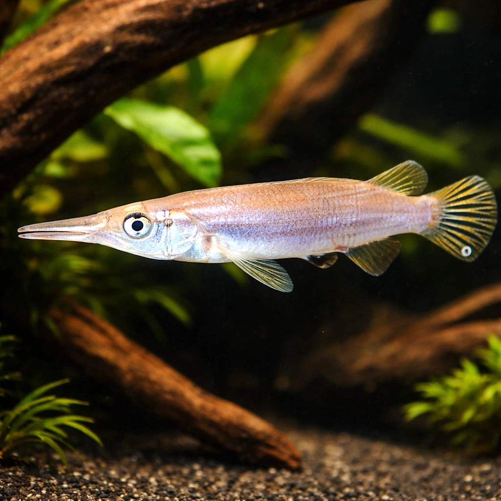 Dermogenys sp. silver 4 - — tropical fish for sale UK — AI hero driftwood view