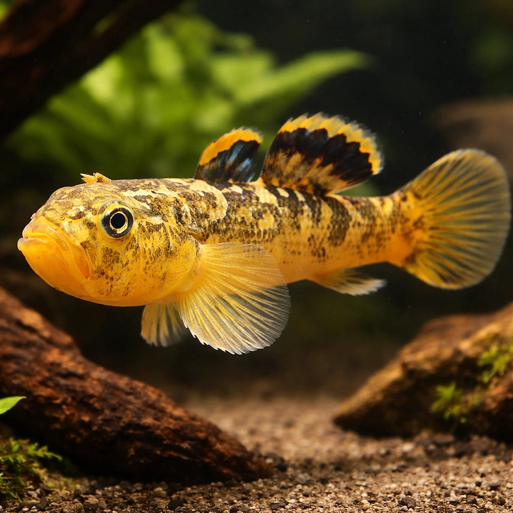 Desert Goby Gold — tropical fish for sale UK — AI hero driftwood view
