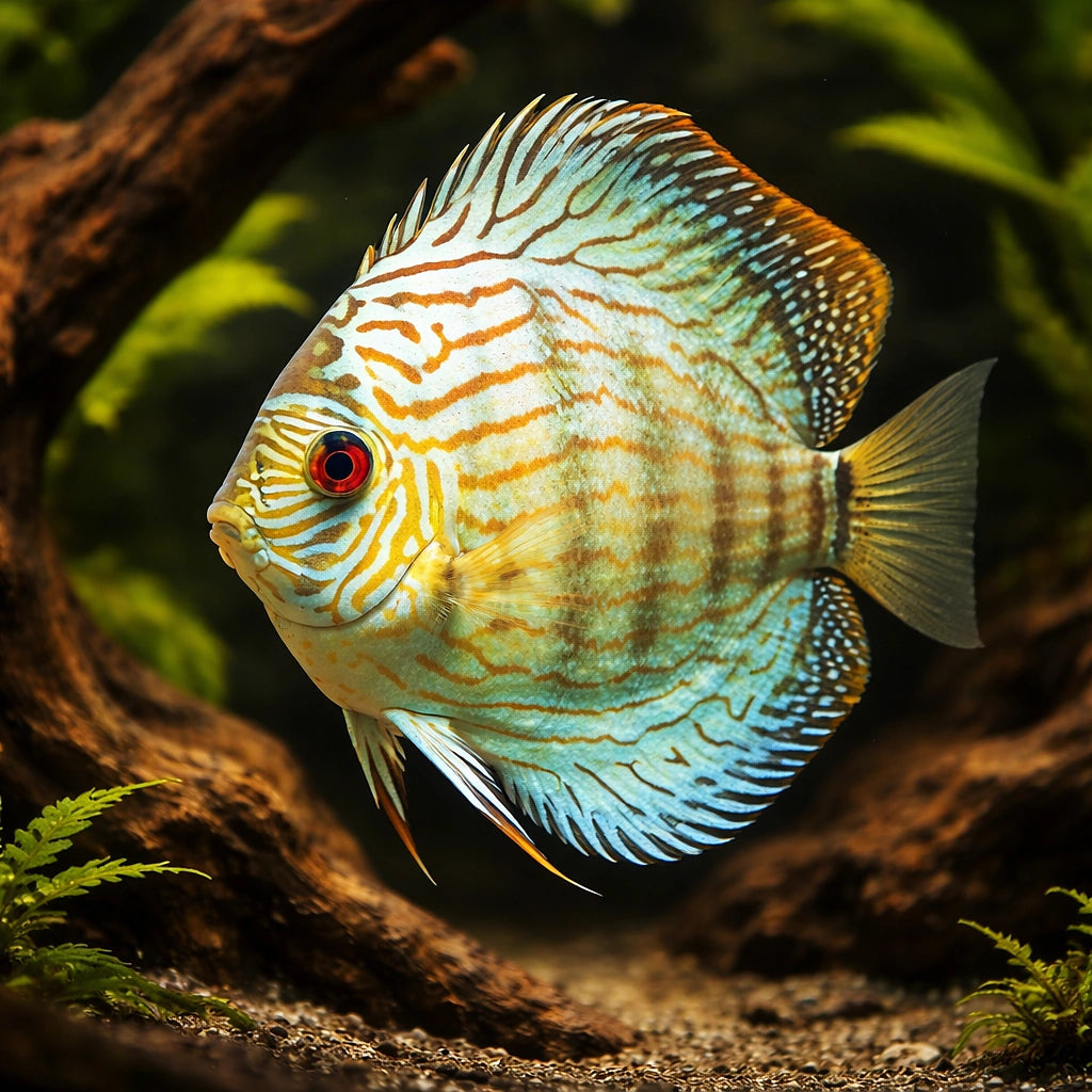 Discus blue turquoise — tropical fish for sale UK — AI hero driftwood view