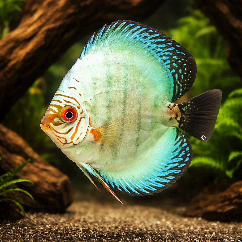 Discus neon blue — tropical fish for sale UK — AI hero driftwood view