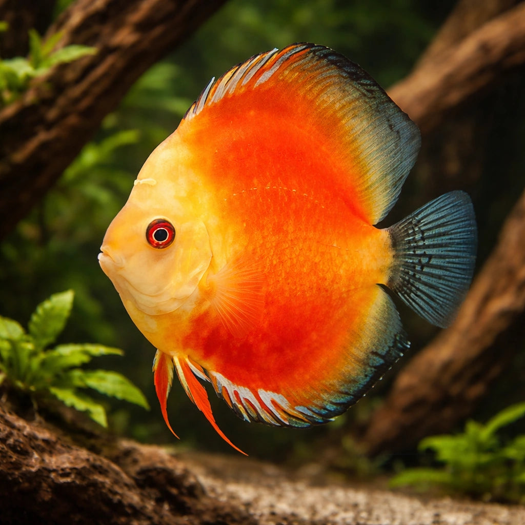 Discus yellow face red marlboro — tropical fish for sale UK — AI hero driftwood view