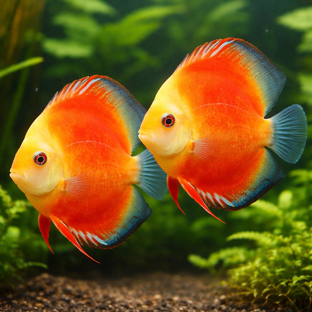 Discus yellow face red marlboro — tropical fish for sale UK — AI pair planted view