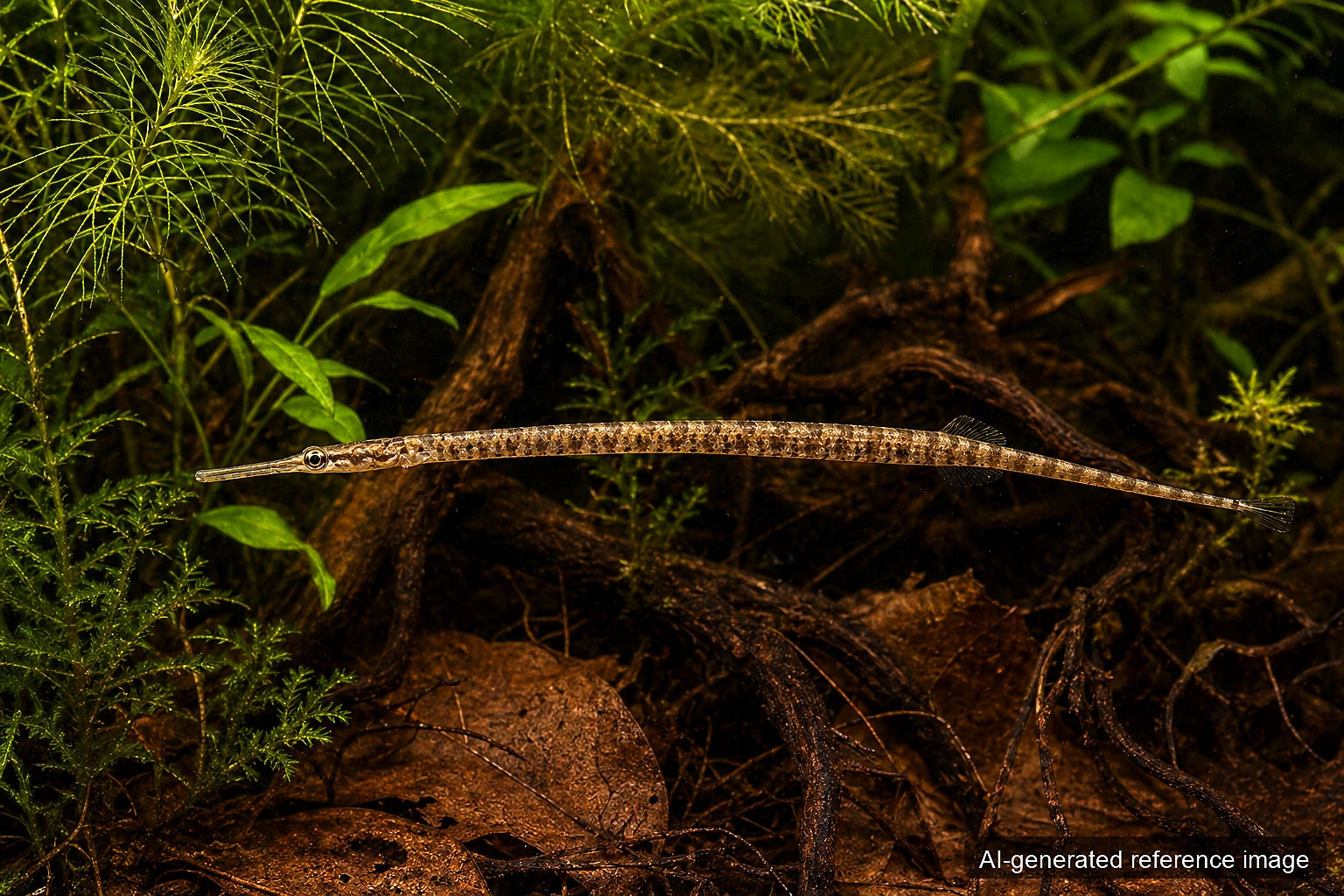 Doryichthys martensii freshwater pipefish with long tubular snout and slender body - AI-generated reference image