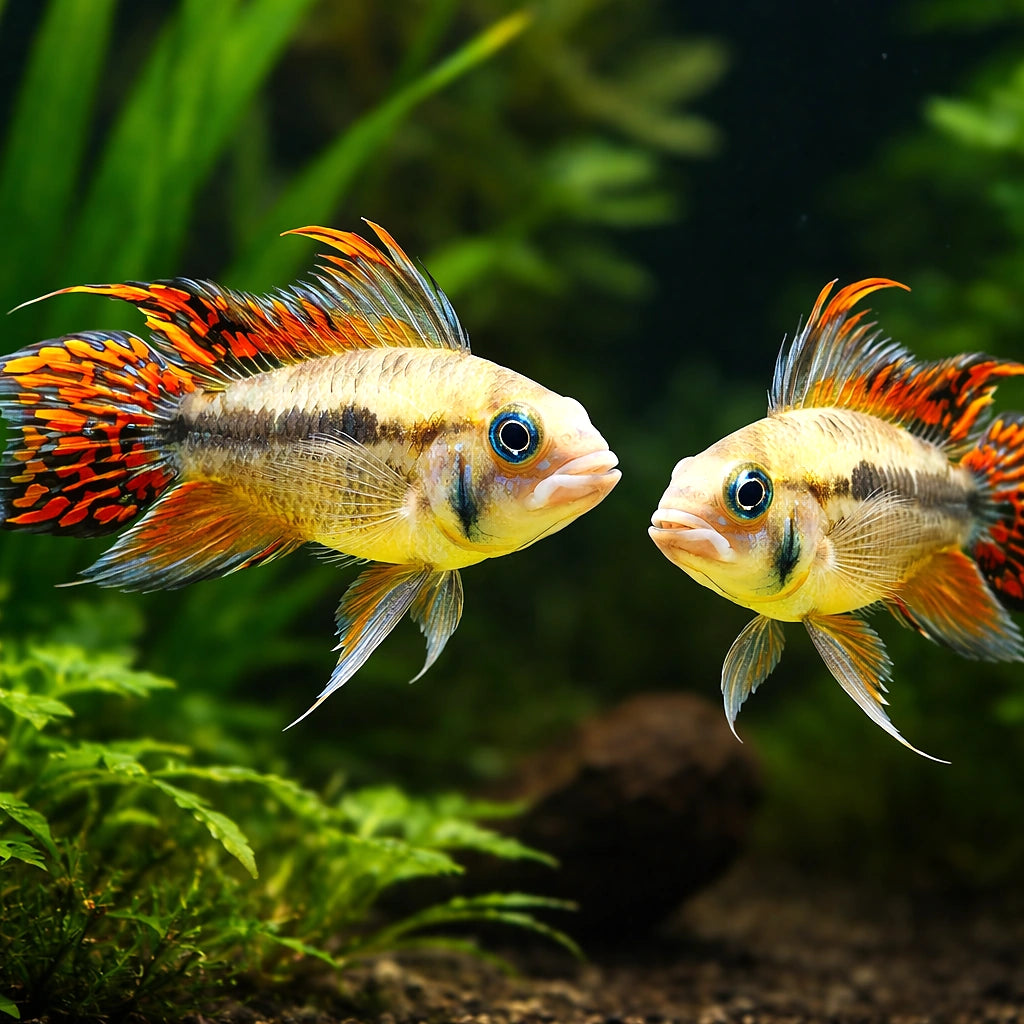 Cacadu Dwarf Cichlid orange — Cockatoo Dwarf Cichlid (Apistogramma cacatuoides) (Apistogramma cacatuoides) — A popular dwarf…