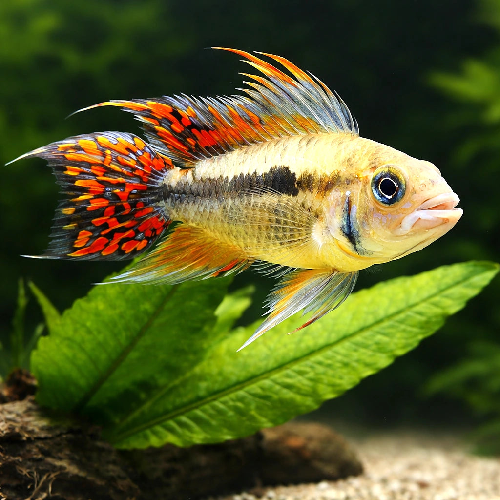 Cacadu Dwarf Cichlid orange — Cockatoo Dwarf Cichlid (Apistogramma cacatuoides) (Apistogramma cacatuoides) — A popular dwarf…