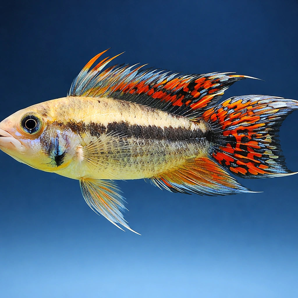 Cacadu Dwarf Cichlid orange — Cockatoo Dwarf Cichlid (Apistogramma cacatuoides) (Apistogramma cacatuoides) — A popular dwarf…