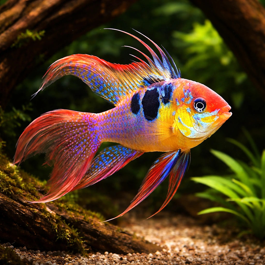 Long Fin Ram Cichlid (Mikrogeophagus ramirezi) - UK (Mikrogeophagus ramirezi) — Rare Long Fin Ram cichlid with vivid colour…