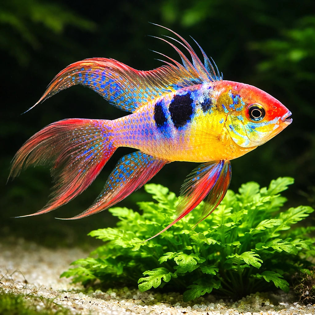 Long Fin Ram Cichlid (Mikrogeophagus ramirezi) - UK (Mikrogeophagus ramirezi) — Rare Long Fin Ram cichlid with vivid colour…