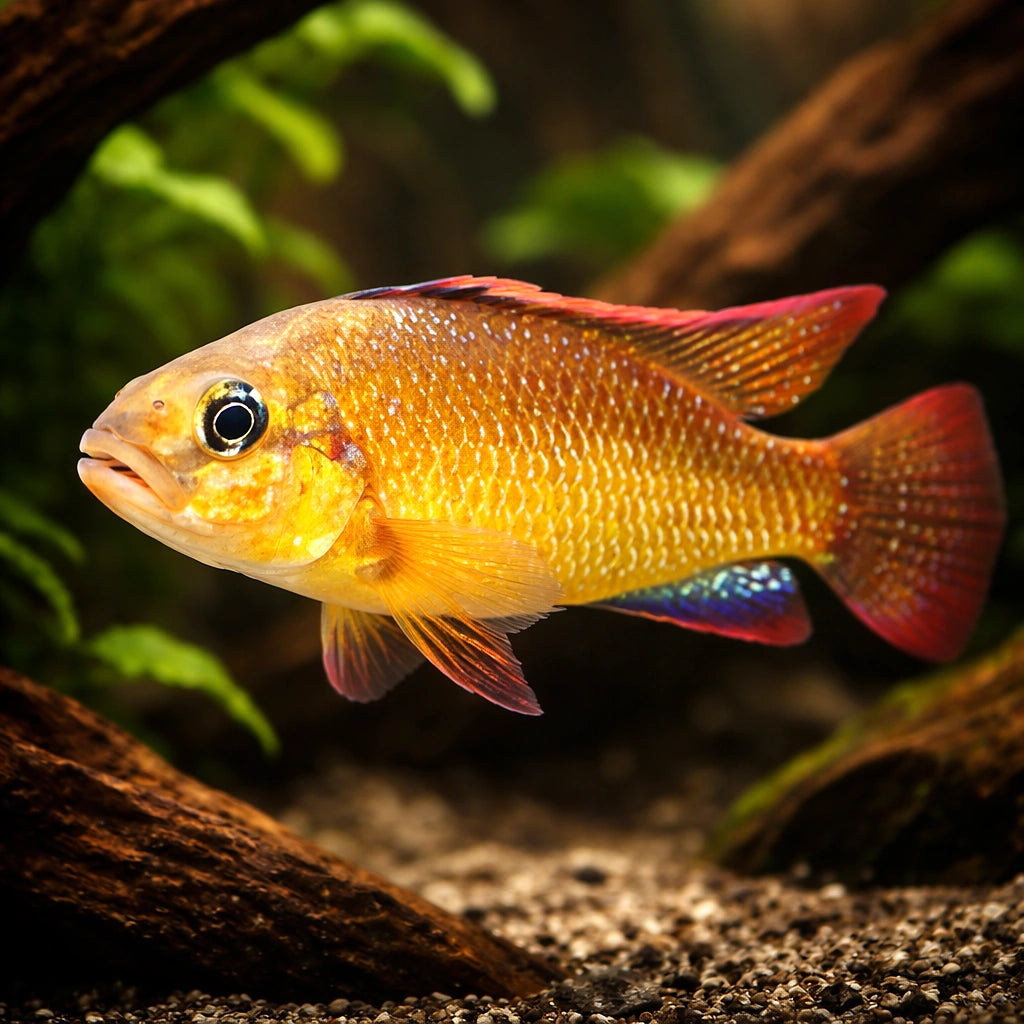 Dwarf Copper Mouth-Brooder — tropical fish for sale UK — AI hero driftwood view