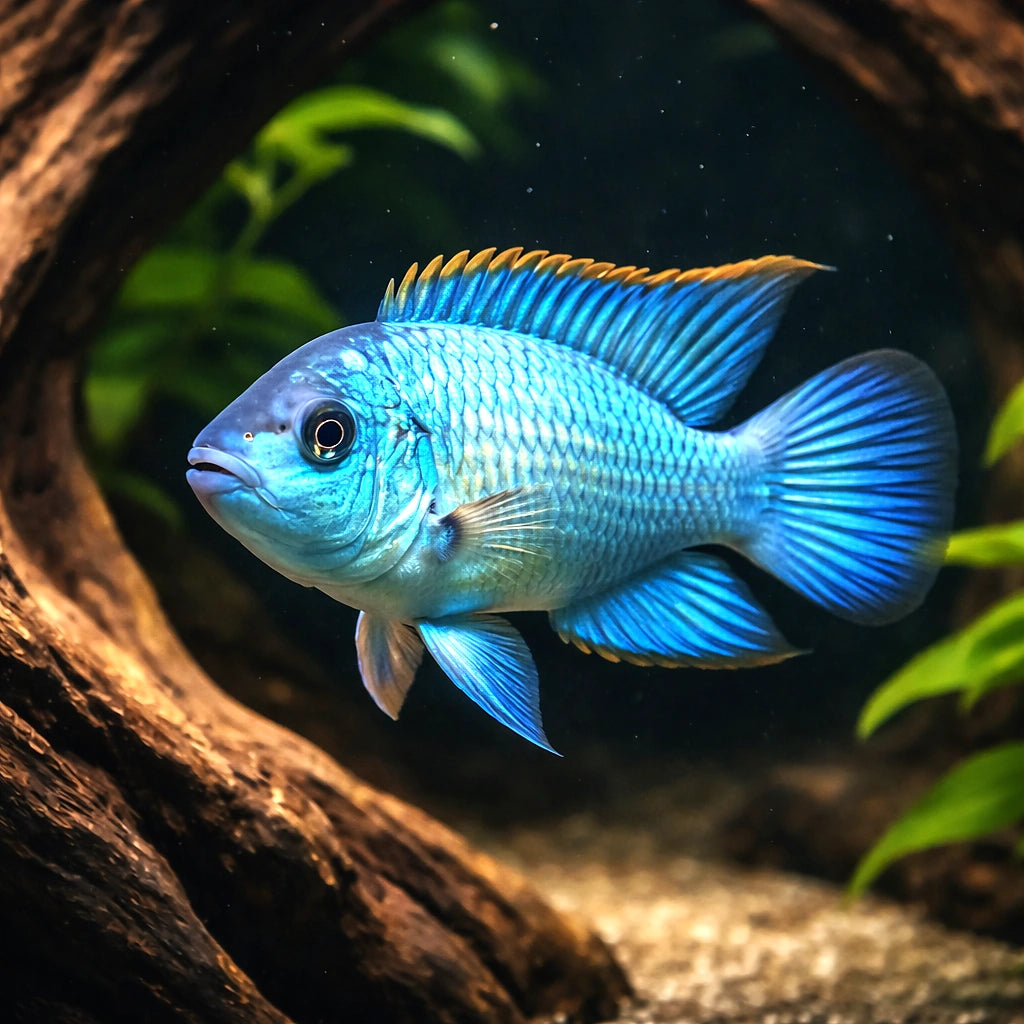 Electric Blue Acara — South American Cichlids for sale UK — AI hero driftwood view