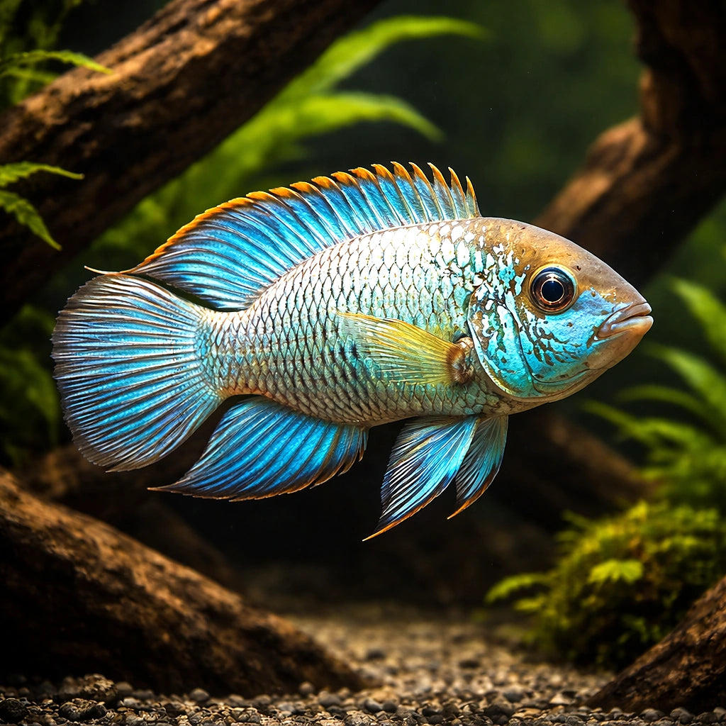 Electric Blue Acara — South American Cichlids for sale UK — AI hero driftwood view