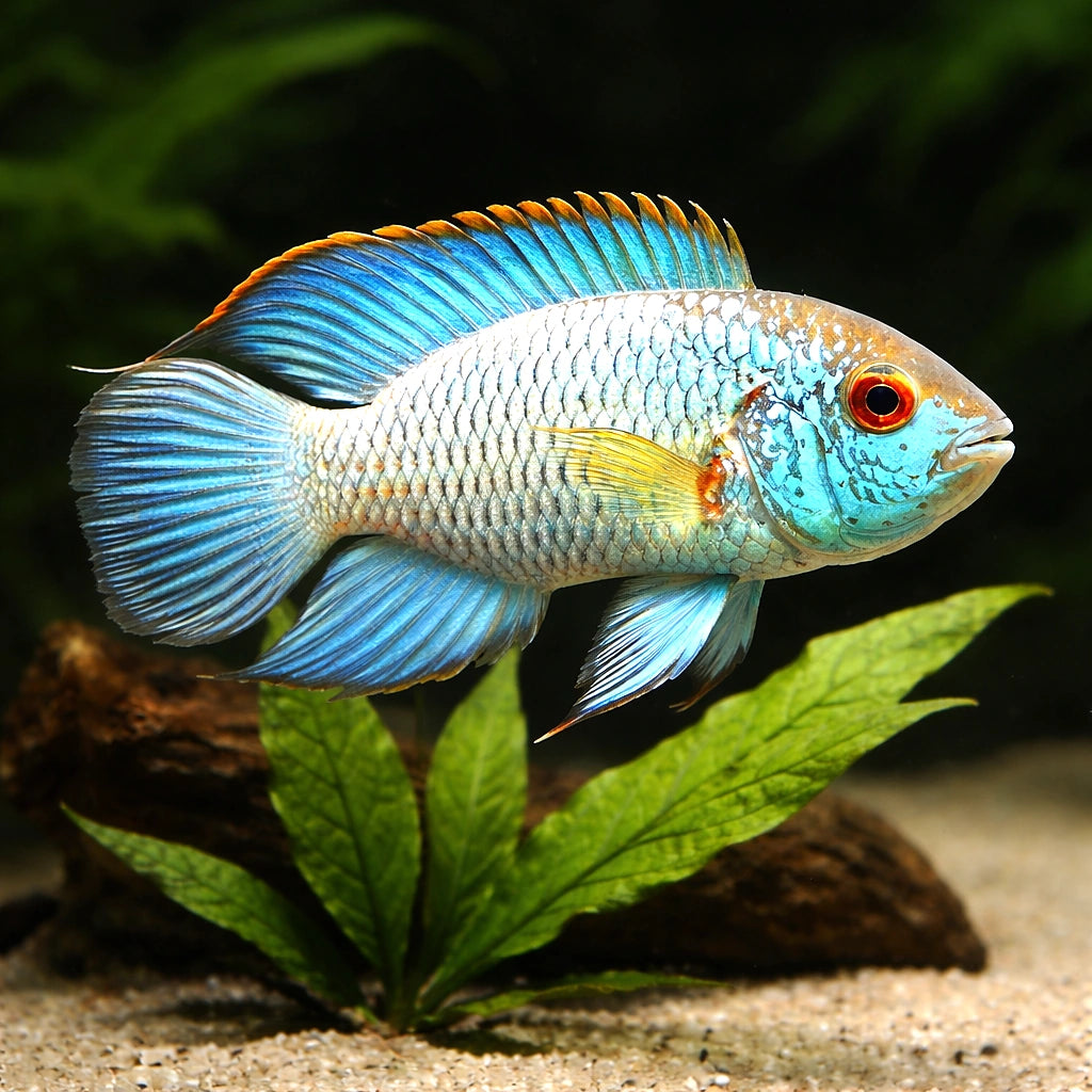 Electric Blue Acara — South American Cichlids for sale UK — AI scale plant view