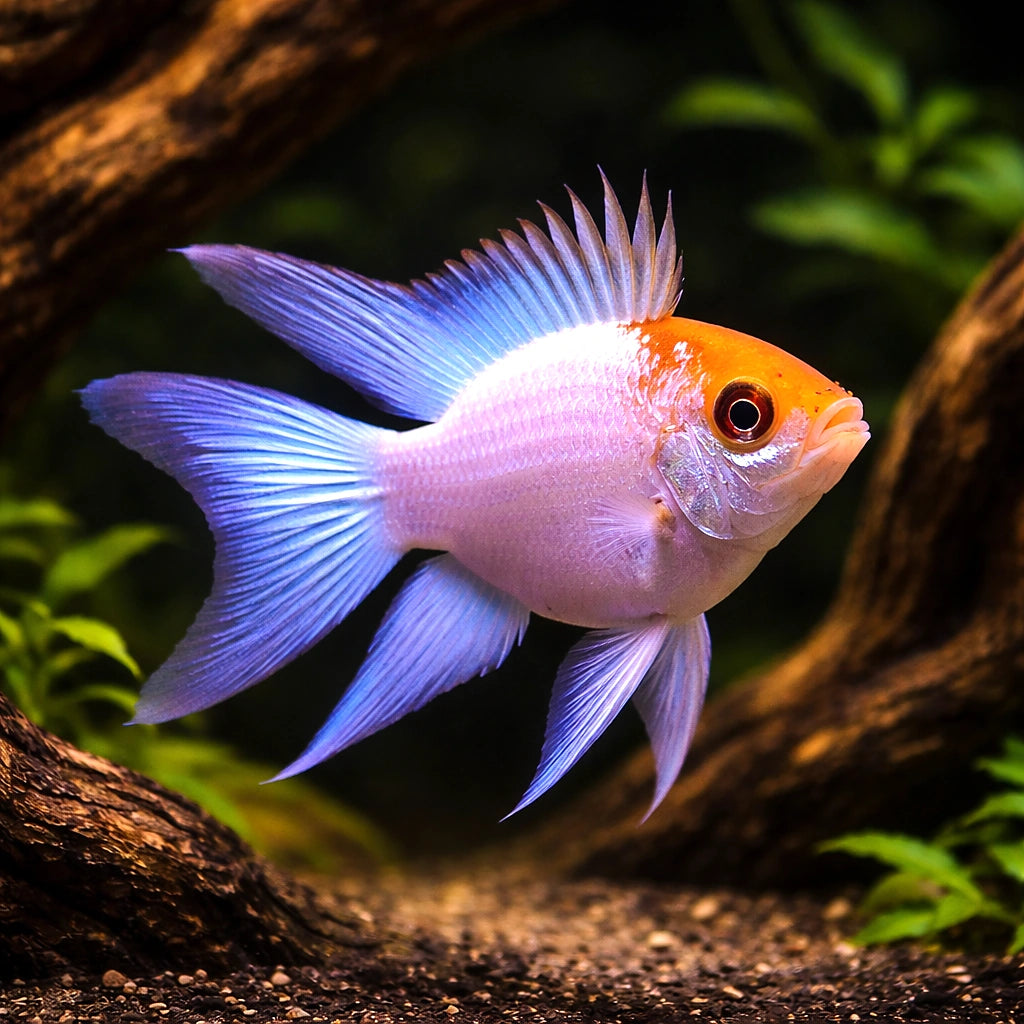 Electric Blue Balloon Ram — Dwarf Cichlid for sale UK — AI hero driftwood view