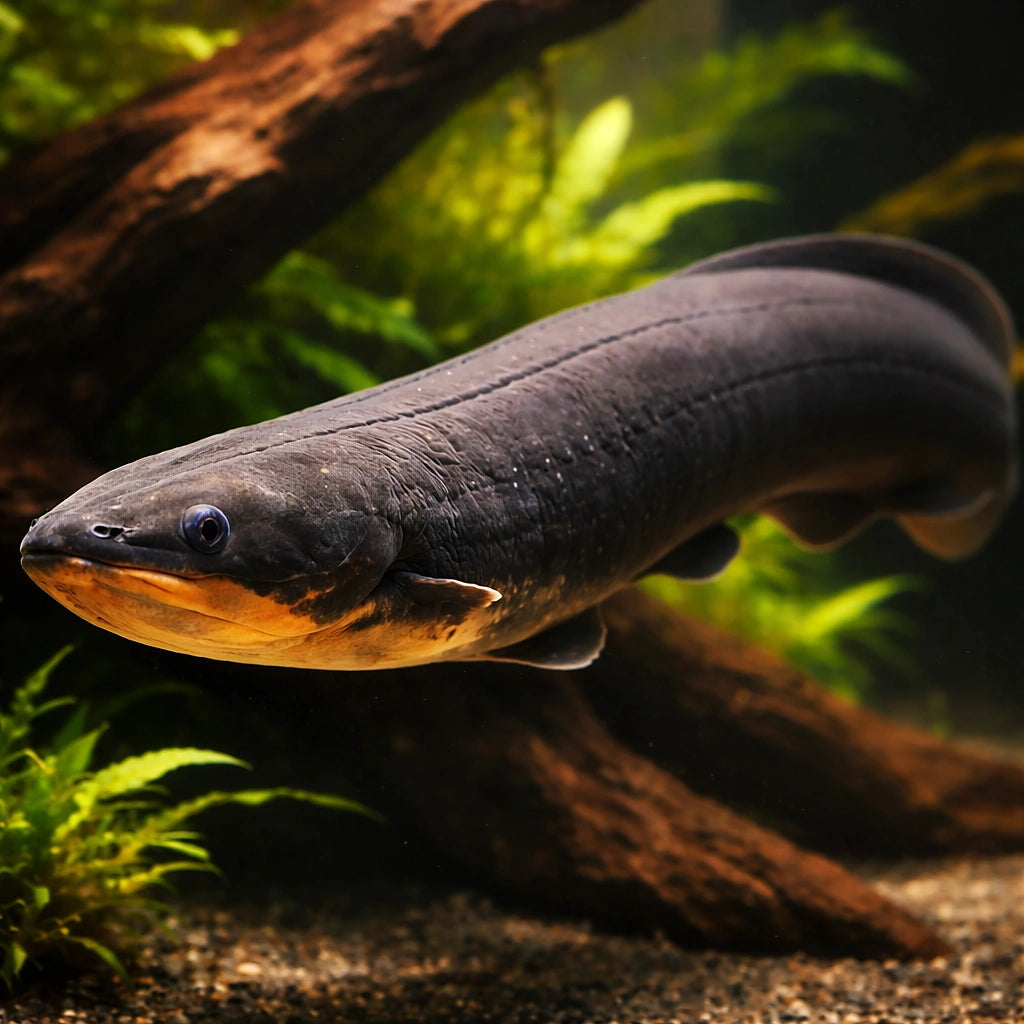 Electric eel — tropical fish for sale UK — AI hero driftwood view