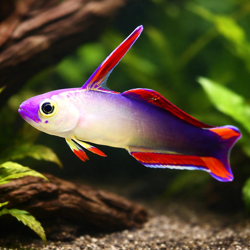 Elegant Firefish M — tropical fish for sale UK — AI hero driftwood view