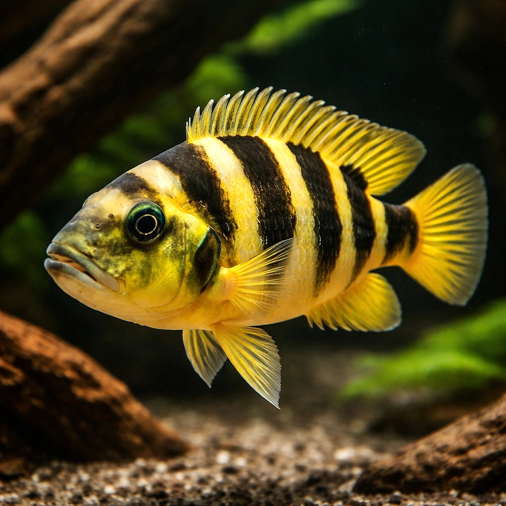 Elongatus, Elongate Lamprol — tropical fish for sale UK — AI hero driftwood view