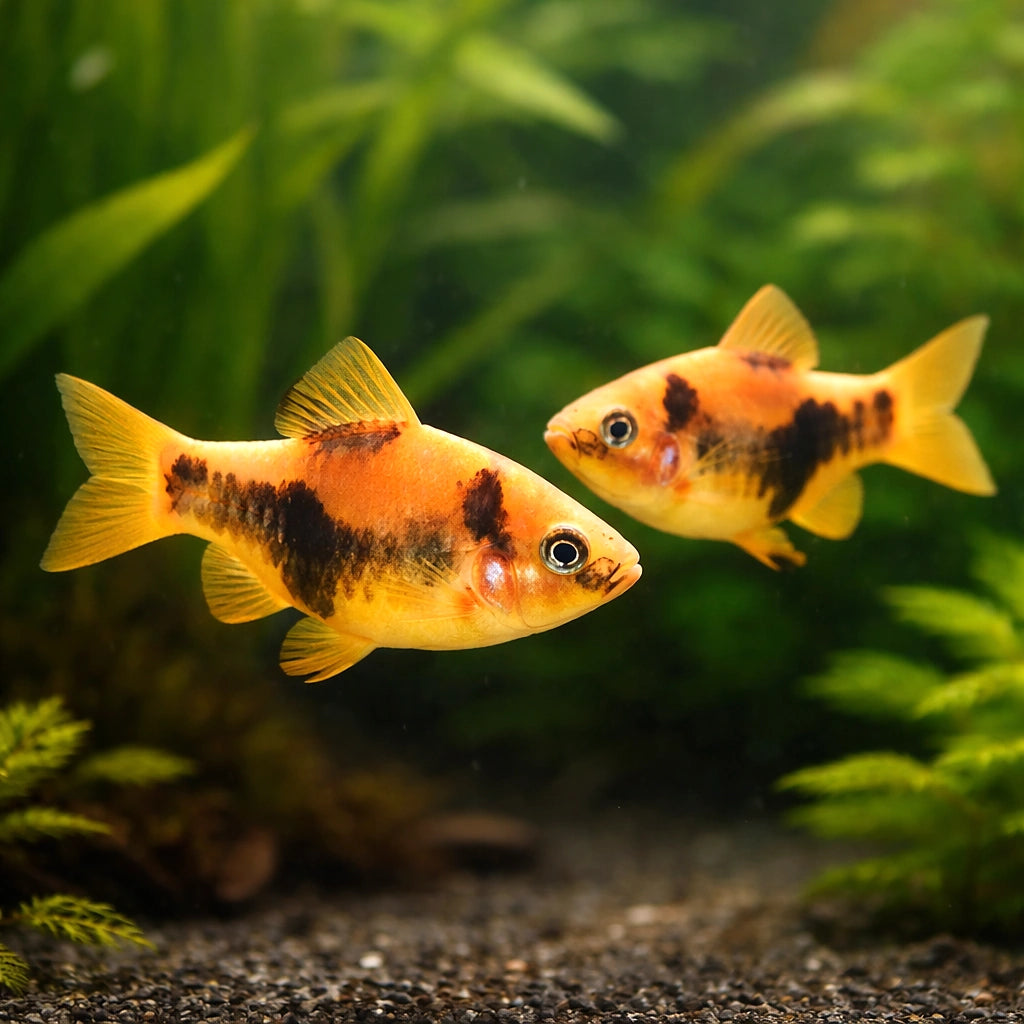Ember Barb, Panda Barb — tropical fish for sale UK — AI pair planted view