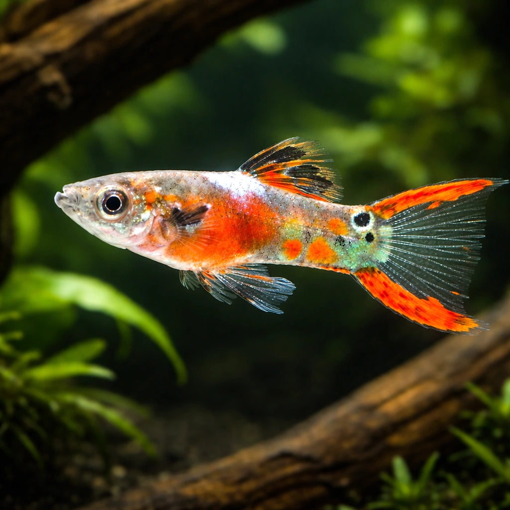 Endler Guppy male red rainbow LT — tropical fish for sale UK — AI hero driftwood view