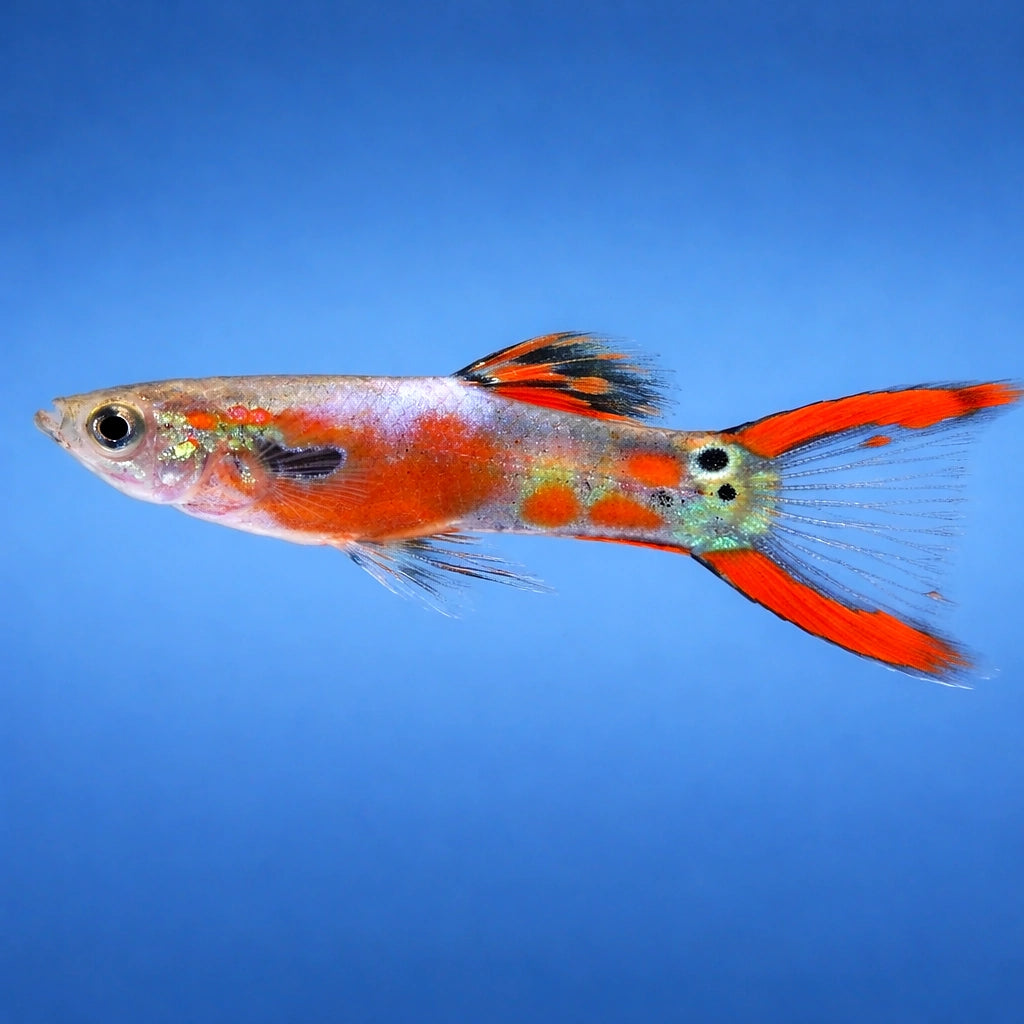 Endler Guppy male red rainbow LT — tropical fish for sale UK — AI side clean view