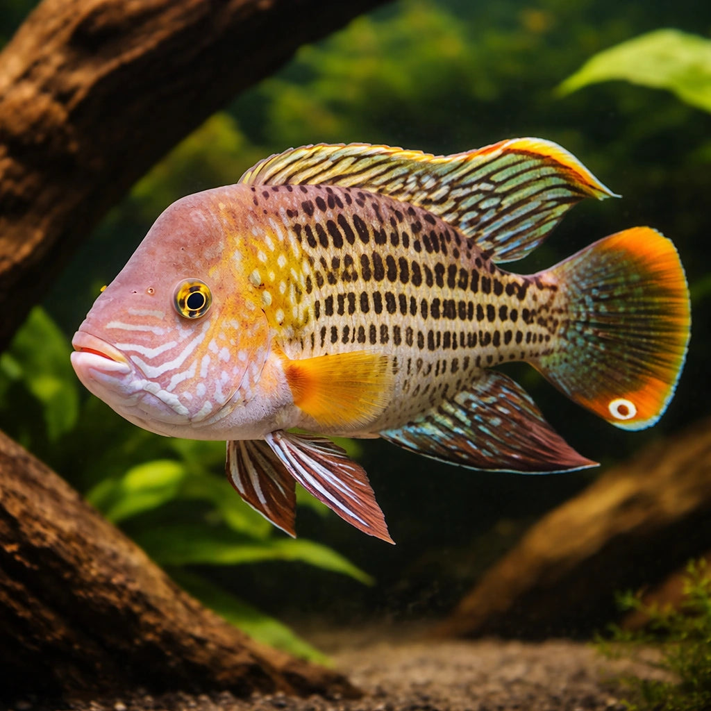 Esmeralda Cichlid, Green Teror — tropical fish for sale UK — AI hero driftwood view