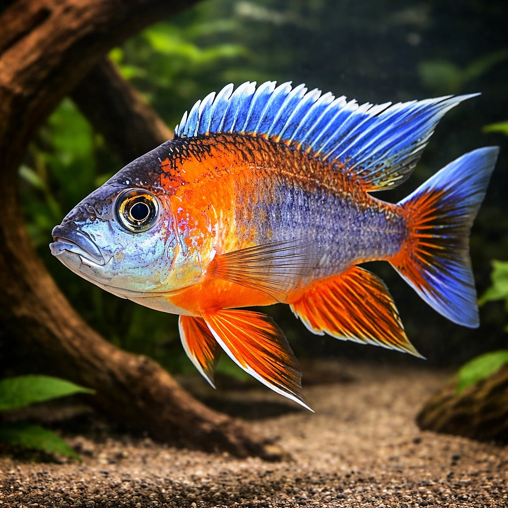 Eureca Peacock Cichlid — tropical fish for sale UK — AI hero driftwood view