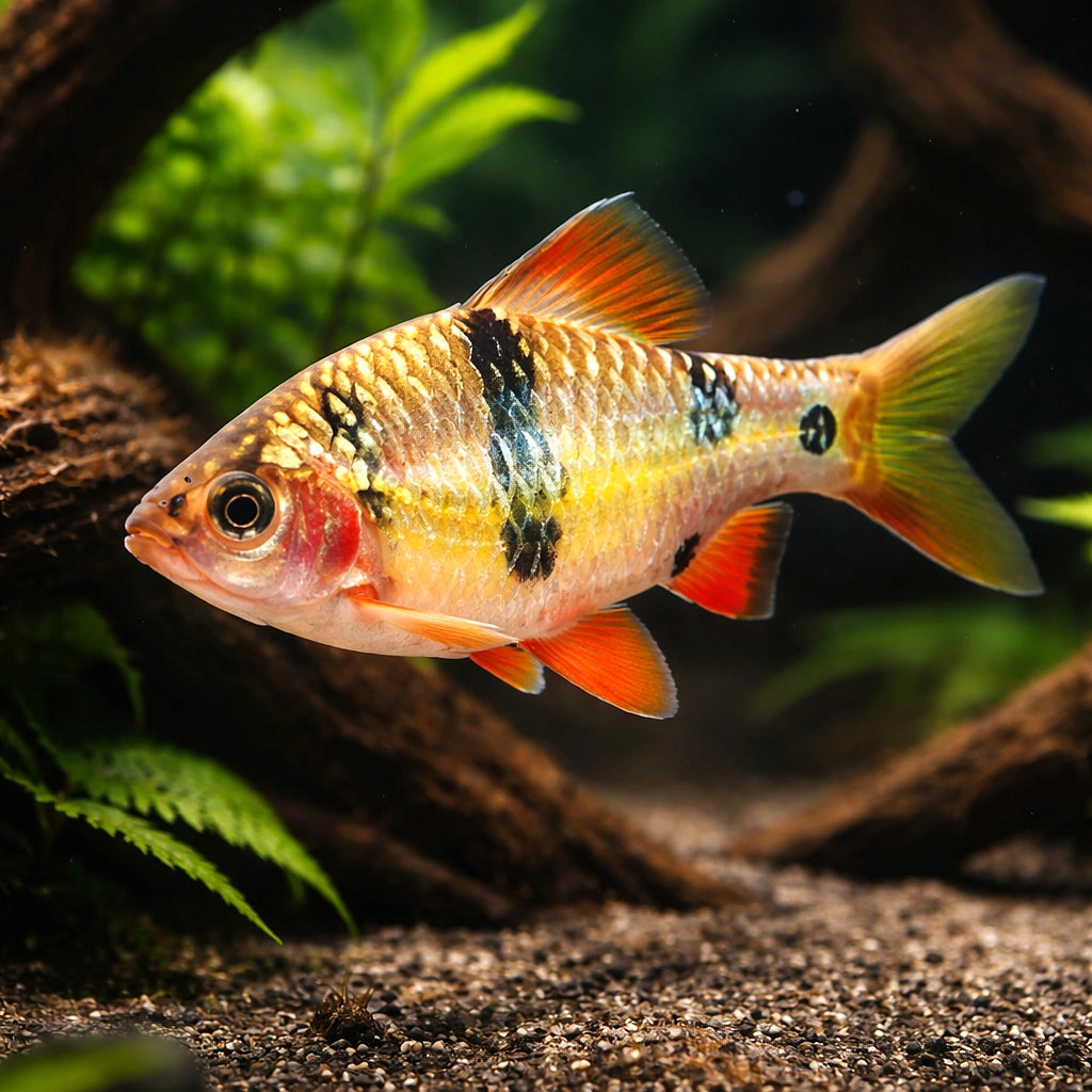 Everetts Barb — tropical fish for sale UK — AI hero driftwood view