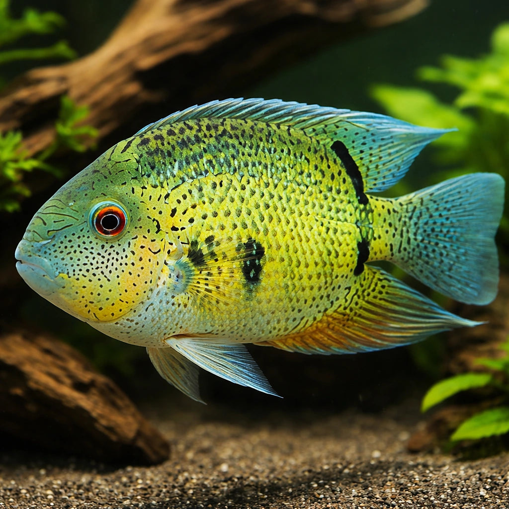 Eye spot Cichlid — tropical fish for sale UK — AI hero driftwood view