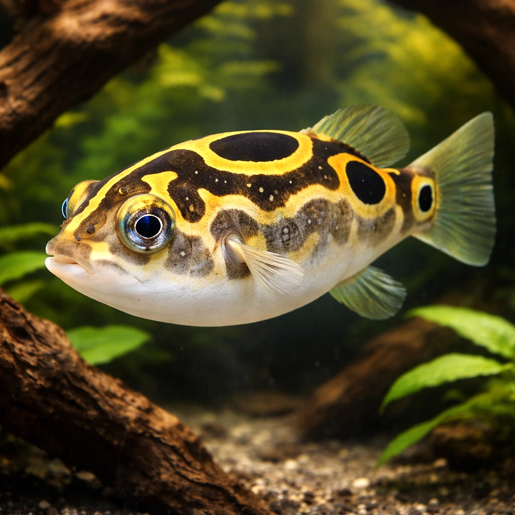 Eyespot pufferfish — tropical fish for sale UK — AI hero driftwood view