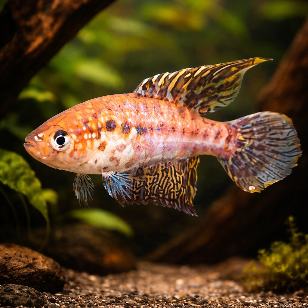 Feather-Fin Pearl Fish — tropical fish for sale UK — AI hero driftwood view