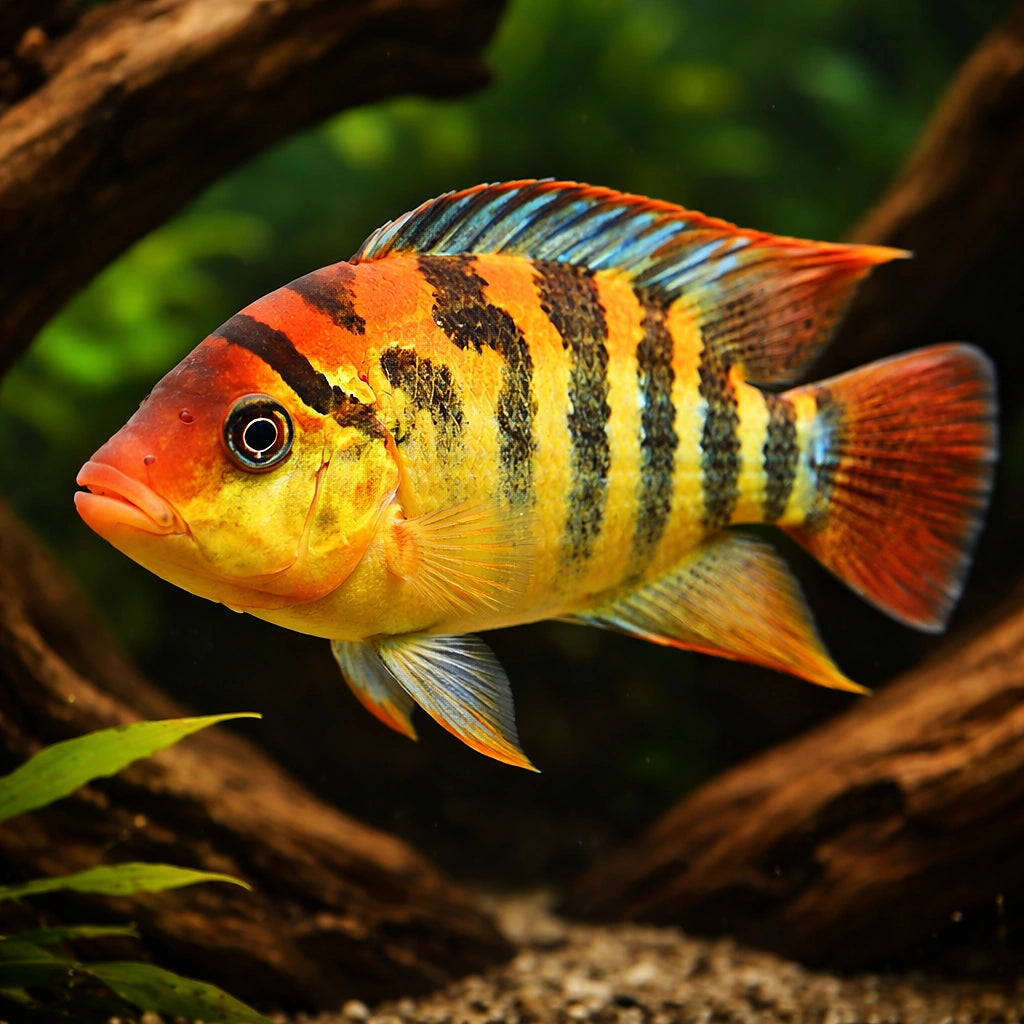 Festa s Cichlid, Red Terror — tropical fish for sale UK — AI hero driftwood view