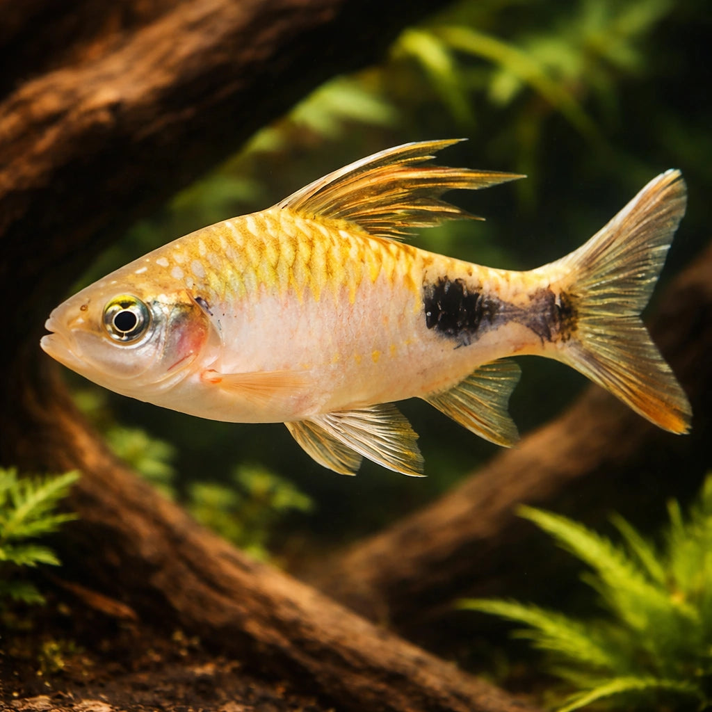 Filament Barb, Black-Spot Barb — tropical fish for sale UK — AI hero driftwood view