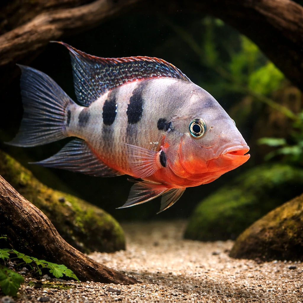 Firemouth Cichlid — tropical fish for sale UK — AI hero driftwood view