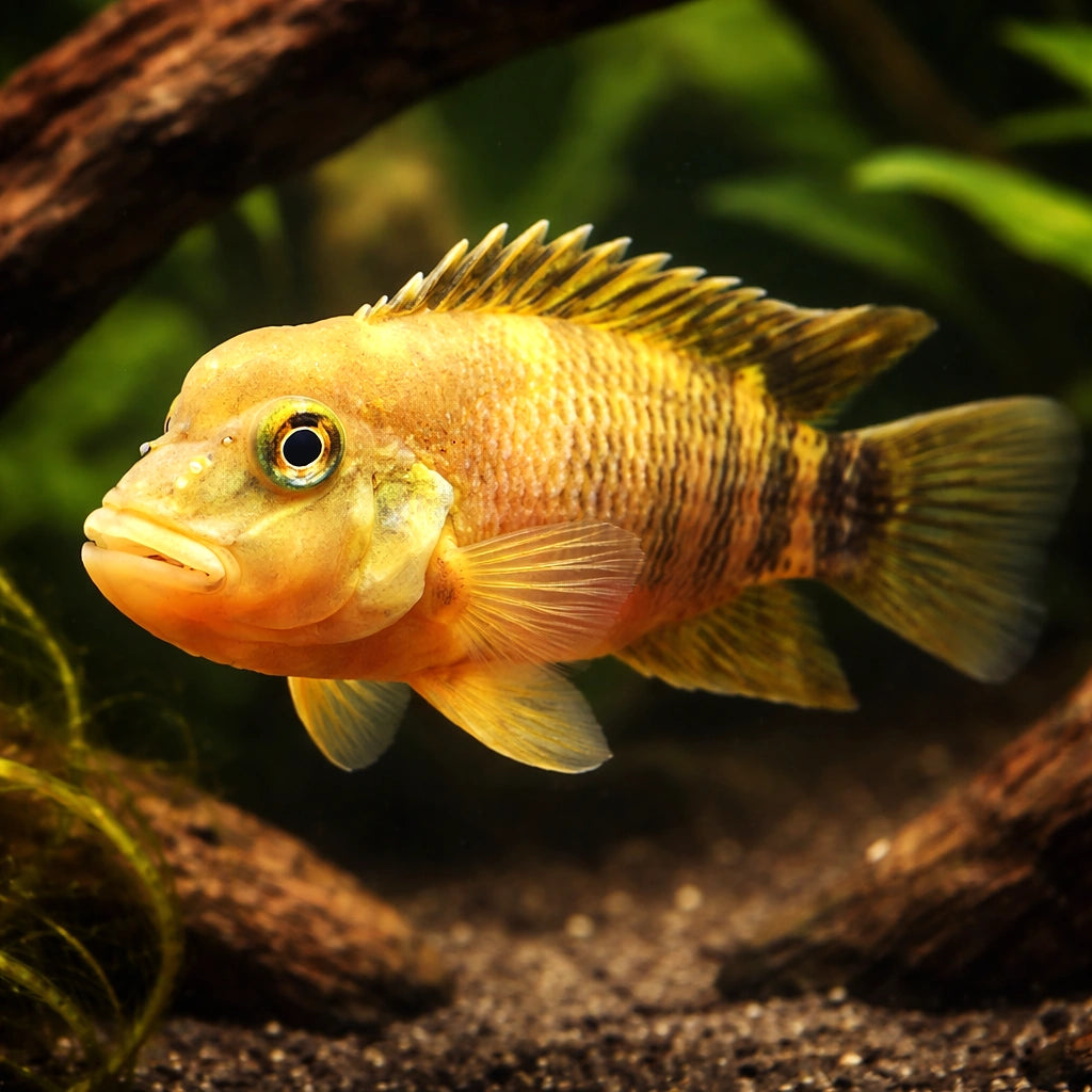 Flathead Cichlid, Buffalohe — tropical fish for sale UK — AI hero driftwood view