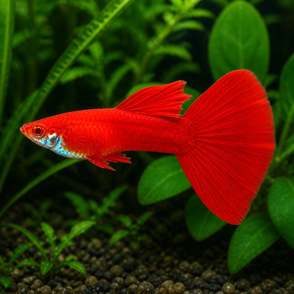 Full Red Male Guppy — tropical fish for sale UK — AI natural aquarium view