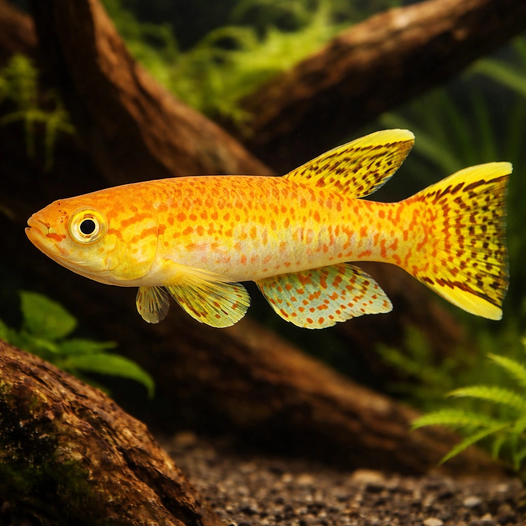 Gardner's Killifish Gold — tropical fish for sale UK — AI hero driftwood view