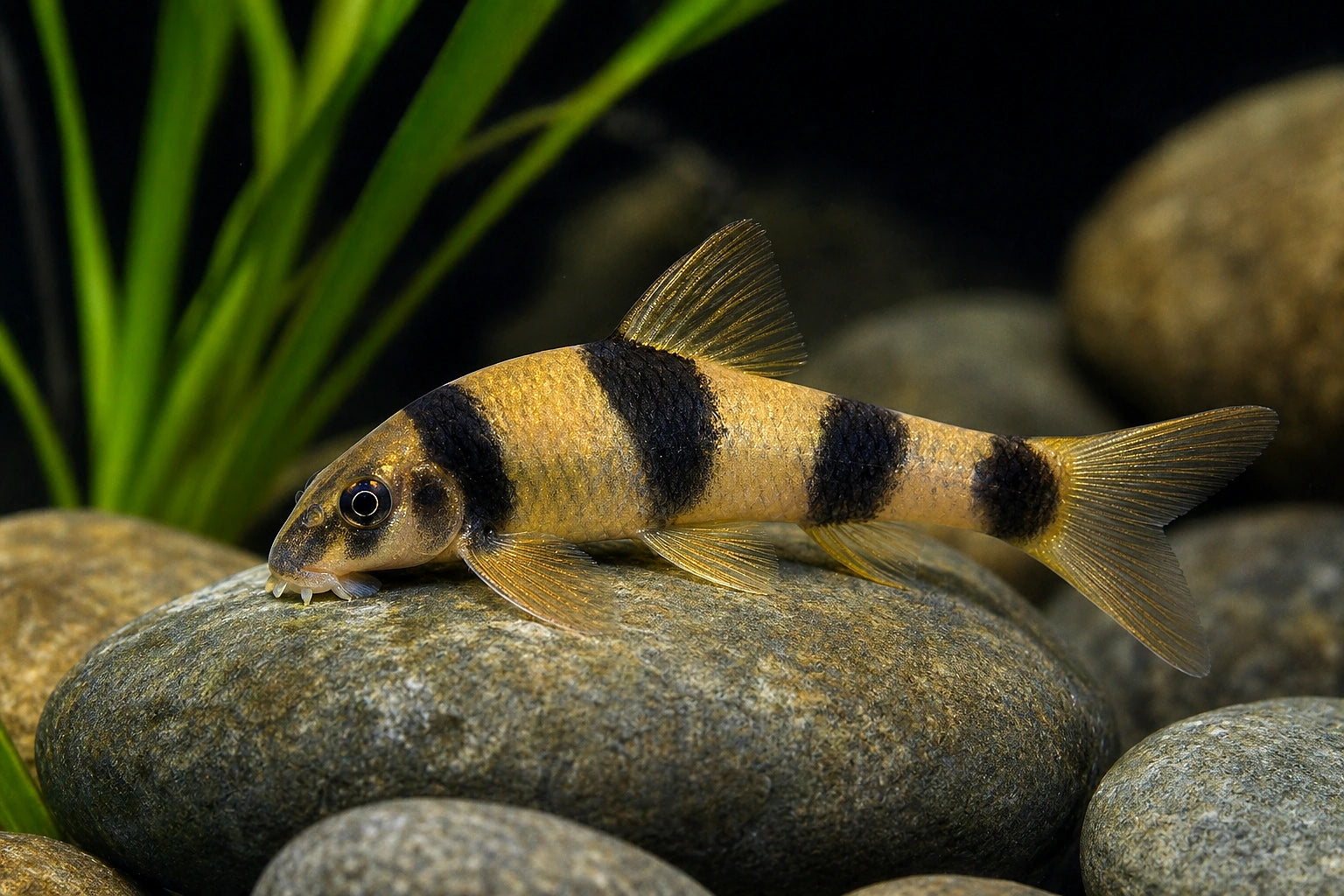 Panda Garra (Garra flavatra) grazing on rock in a freshwater aquarium - AI-generated reference image