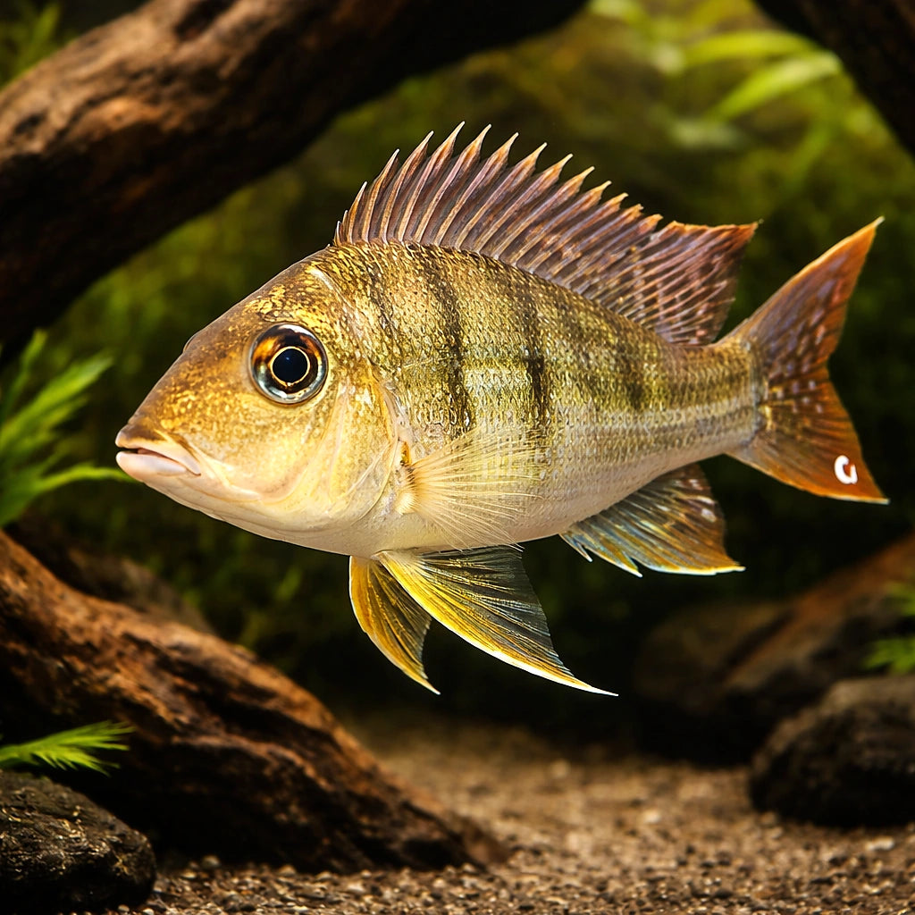 Geophagus altifrons trombetas 4 - — tropical fish for sale UK — AI hero driftwood view