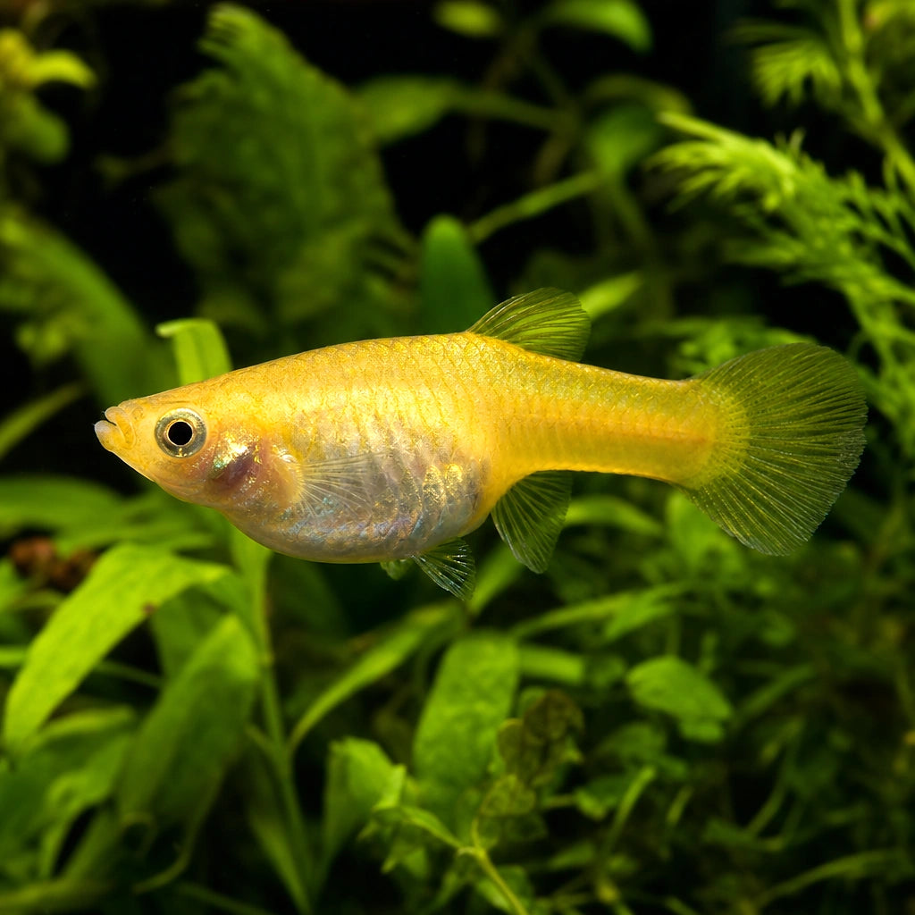 German Yellow Female Guppy (Poecilia reticulata) — AI natural aquarium view