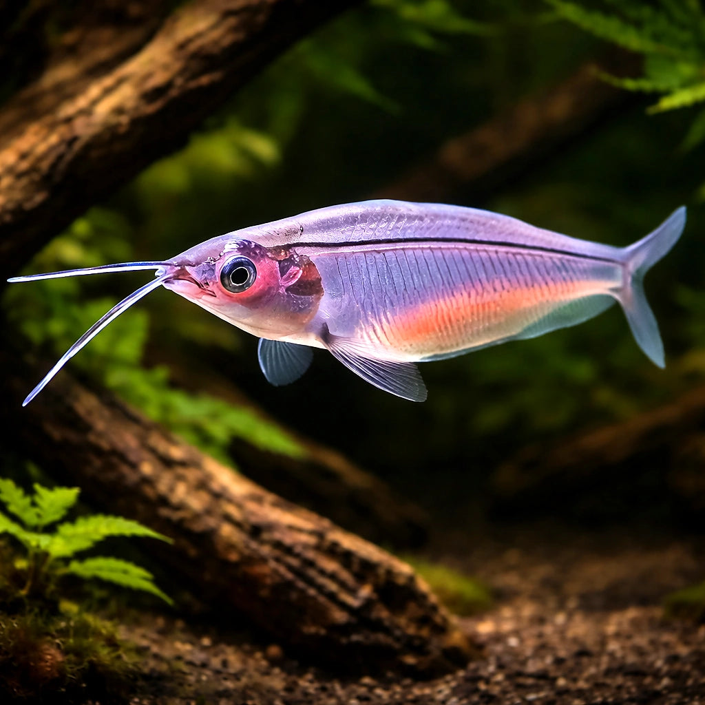Glass catfish — tropical fish for sale UK — AI hero driftwood view