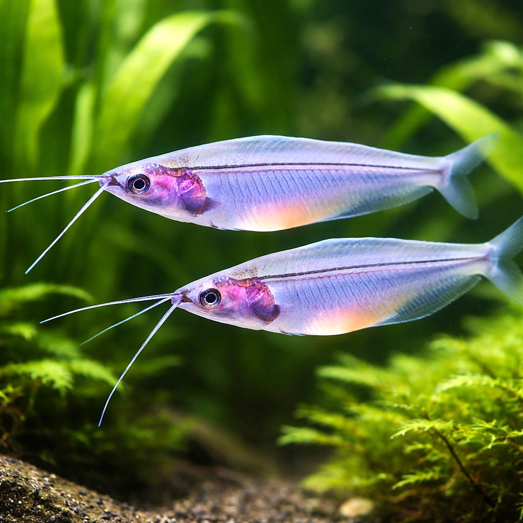 Glass catfish — tropical fish for sale UK — AI pair planted view