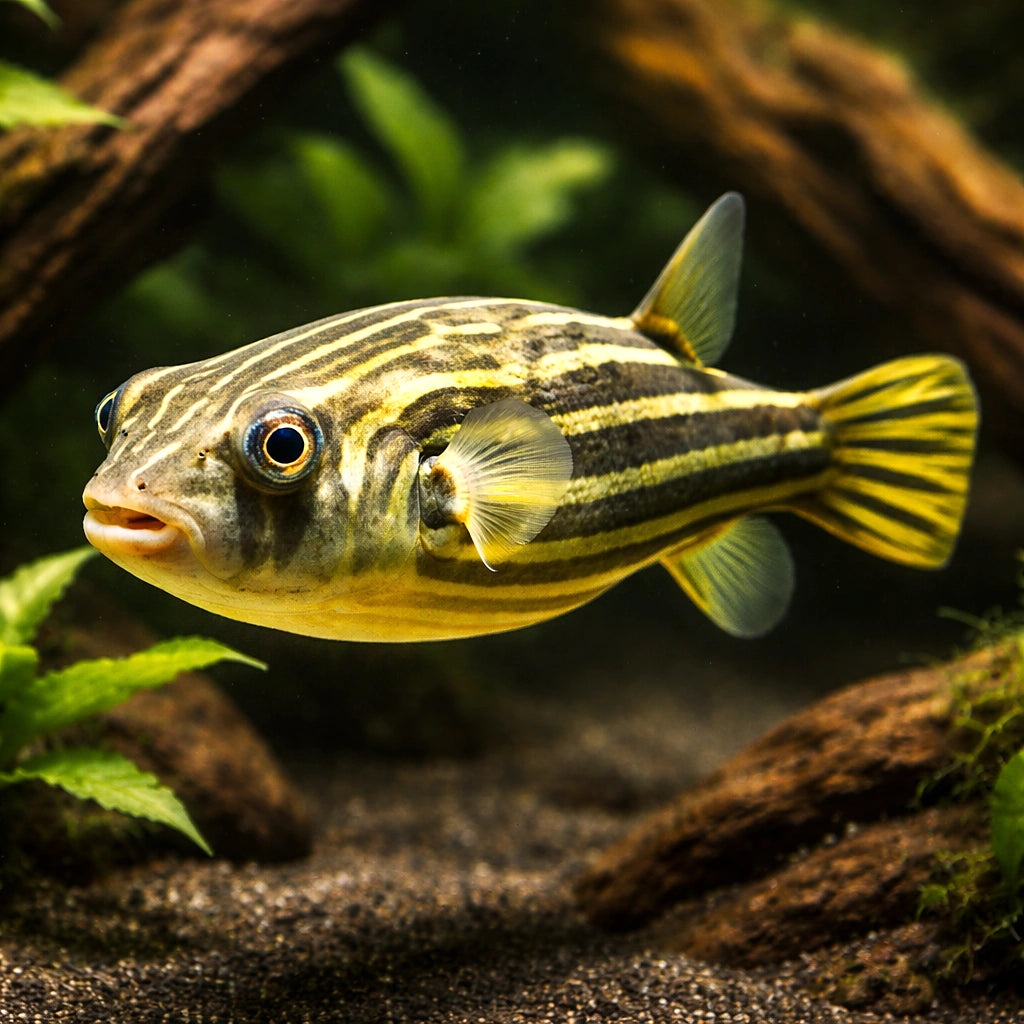 Globe fish — tropical fish for sale UK — AI hero driftwood view