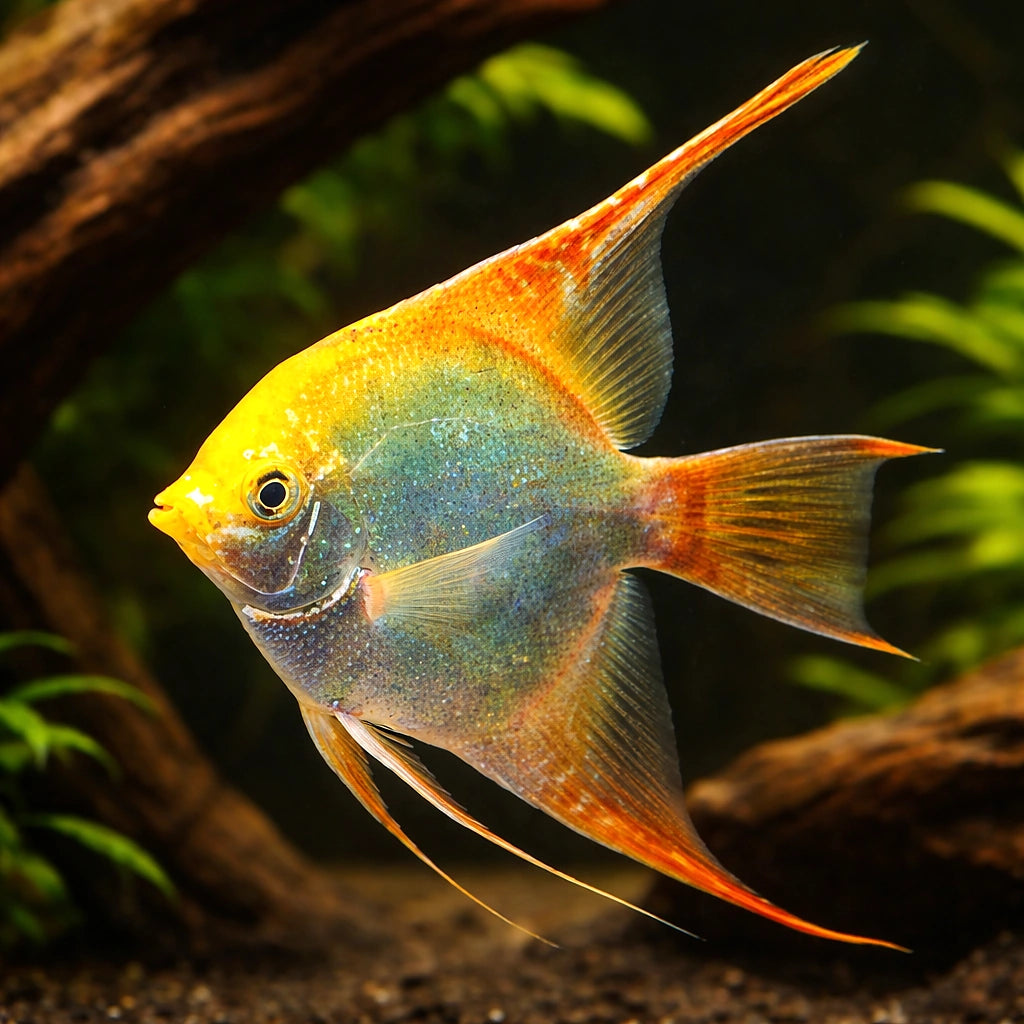 Gold Angelfish - Pterophyllum scalare — AI hero driftwood view