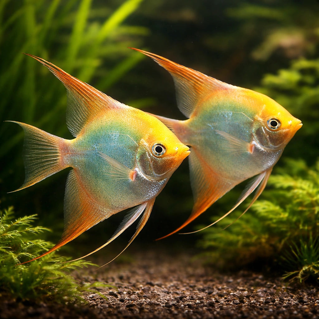 Gold Angelfish - Pterophyllum scalare — AI pair planted view