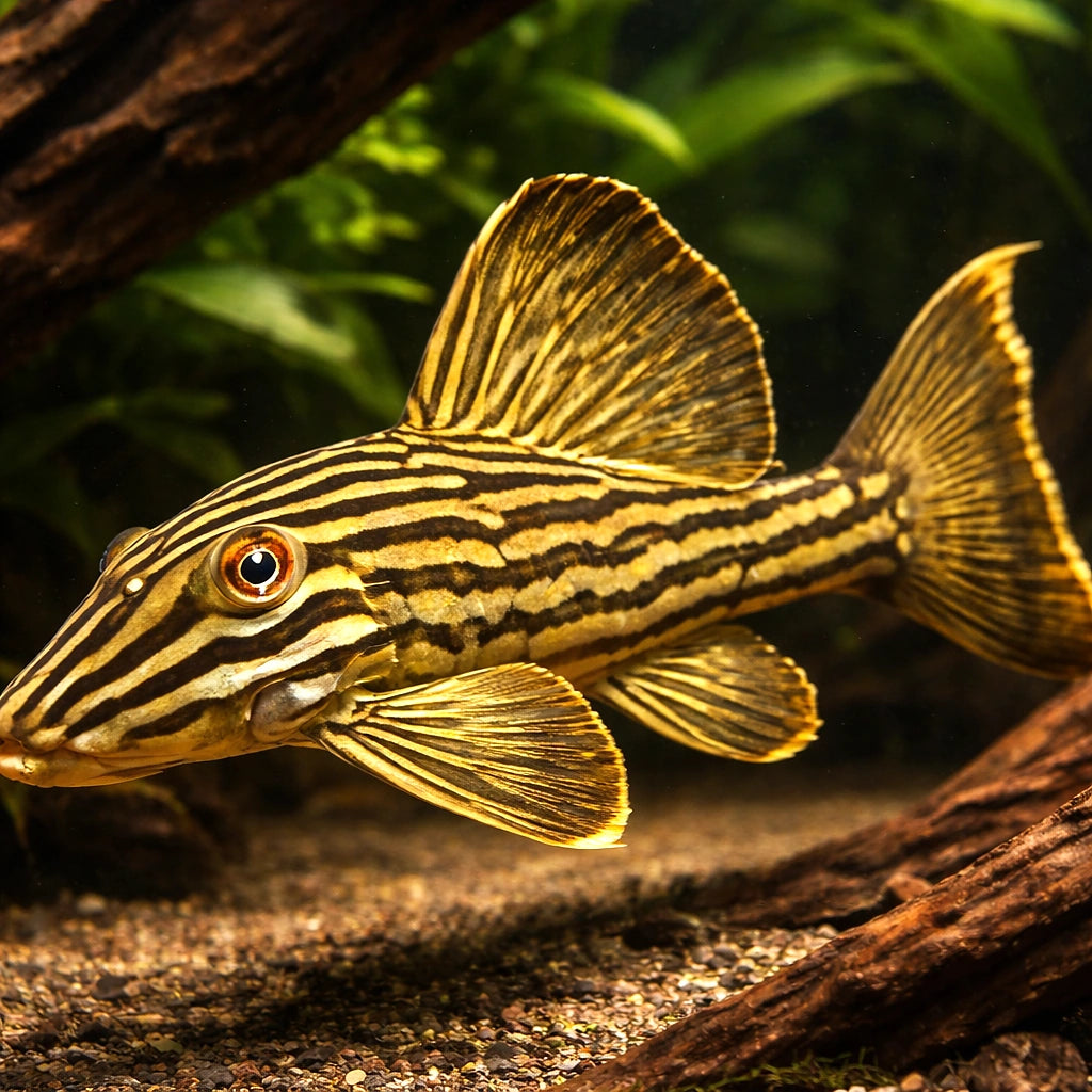 Golden Royal Pleco — tropical fish for sale UK — AI hero driftwood view
