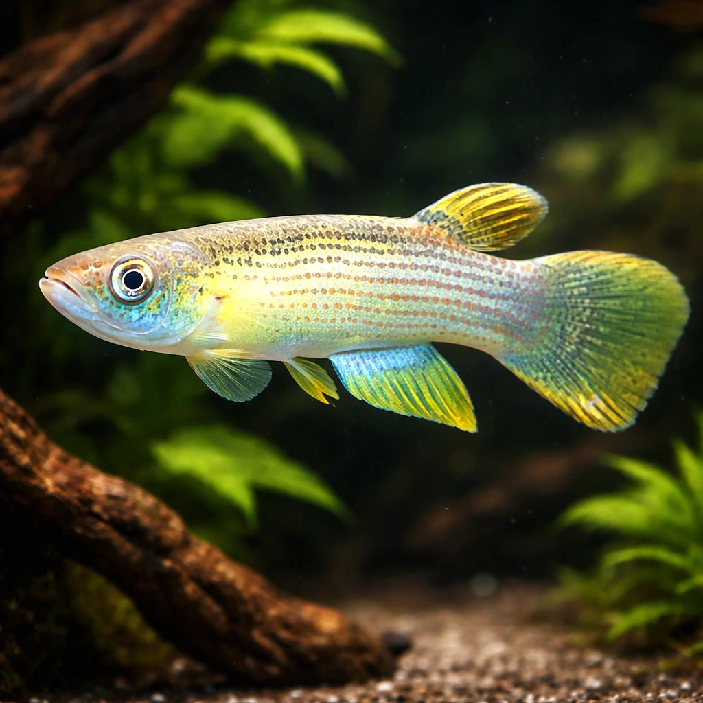 Golden-Tailed Rivulus — tropical fish for sale UK — AI hero driftwood view