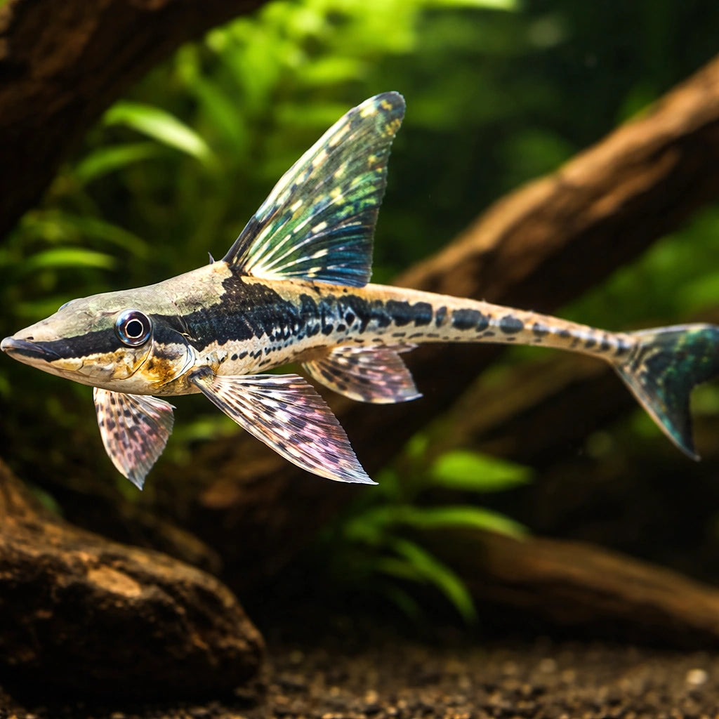 Golden Whiptail, Giant Whip — tropical fish for sale UK — AI hero driftwood view